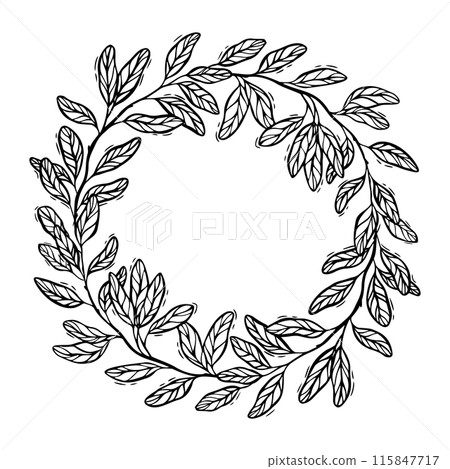 Wreath of detailed grant leaves. Elegant vector botanical illustration in graphic style. Suitable for invitations, greeting cards, logos, food and cosmetics packaging, home decor and textiles 115847717
