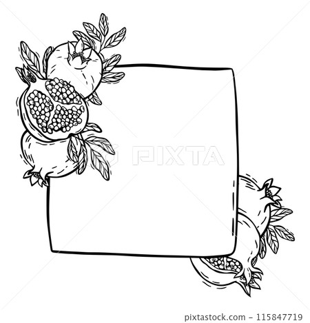 Black and white frame with a picture of pomegranates and leaves. Hand drawn vector illustration in graphic style on isolated background. Suitable for invitations, greeting cards or food themed designs 115847719