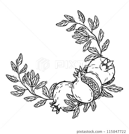 Pomegranate wreath with detailed leaves and fruit. Elegant vector illustration in graphic style. Suitable for invitations, greeting cards, logos, packaging and home decor. Suitable for coloring 115847722