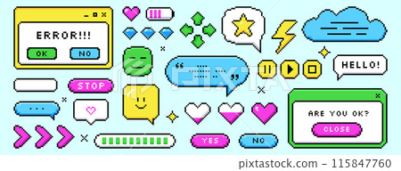 Pixel dialogue boxes, speech bubbles, buttons, message frames and retro game icons 115847760
