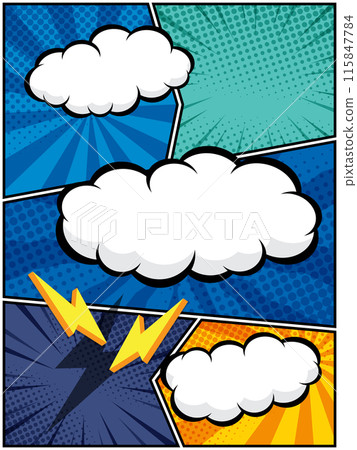 comic speech bubbles in white clouds on a vibrant pop art background Perfect for comic book designs, posters, and graphic projects comic speech bubbles in white clouds on a vibrant pop art background Perfect for comic book designs, posters, and graphic projects 115847784