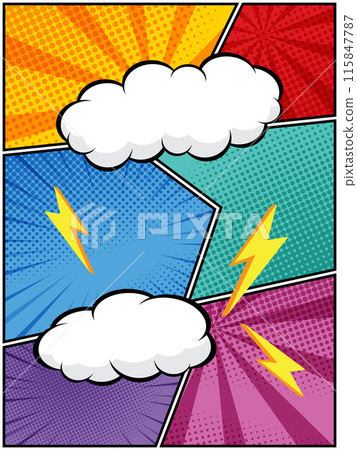 comic speech bubbles in white clouds on a vibrant pop art background Perfect for comic book designs, posters, and graphic projects comic speech bubbles in white clouds on a vibrant pop art background Perfect for comic book designs, posters, and graphic projects 115847787