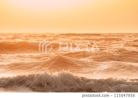 Sea ocean water surface with foaming small waves at sunset. Evening sunlight sunshine above sea. Beautiful natural sunset sky warm colors. Amazing landscape scenery. Crashing waves. Copy space. Nature Sea ocean water surface with foaming small waves at sunset. Evening sunlight sunshine above sea. Beautiful natural sunset sky warm colors. Amazing landscape scenery. Crashing waves. Copy space. Nature 115847938