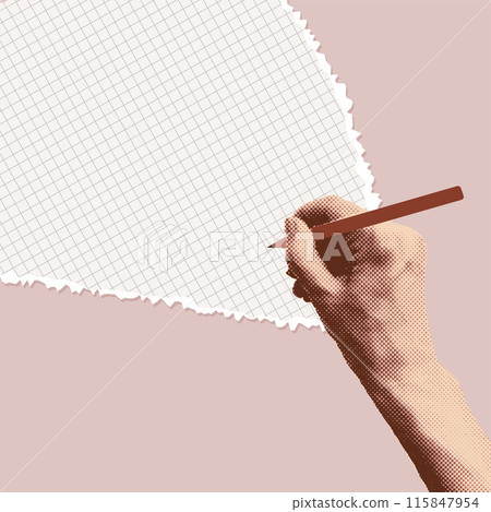 Trendy Halftone Collage Female Hand writing on torn checkered paper. Social media announcing promotion and marketing in muted vintage style. Empty space for your design. Trendy vector illustration Trendy Halftone Collage Female Hand writing on torn checkered paper. Social media announcing promotion and marketing in muted vintage style. Empty space for your design. Trendy vector illustration 115847954