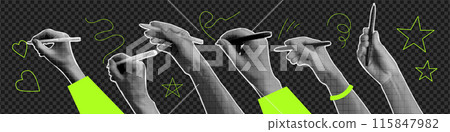 Big set of hands holding a pen. Trendy halftone collage technique with linear doodles. Grungy vector illustration. 115847982