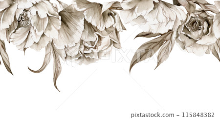 Hand drawn watercolor grisaille monochrome peony tulip ranunculus flowers, buds and leaves. Seamless banner isolated on white background. Invitations, wedding, wallpaper, floral shop, print, textile Hand drawn watercolor grisaille monochrome peony tulip ranunculus flowers, buds and leaves. Seamless banner isolated on white background. Invitations, wedding, wallpaper, floral shop, print, textile 115848382