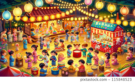 這是幼兒園小朋友的夏日祭品。你可以感受到熱鬧、有趣的氣氛。 115848523