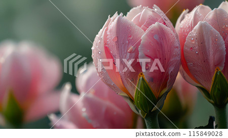 Close-up photo of delicate pink  flowers with sparkling water droplets on their petals, captured against a tranquil pond background. 115849028