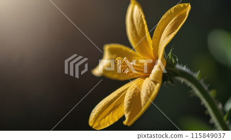 Exquisite close-up of a vibrant yellow flower, petals unfurled to reveal intricate textures. Verdant leaf curves gracefully alongside, complementing the golden warmth. Soft dreamy backdrop highlights Exquisite close-up of a vibrant yellow flower, petals unfurled to reveal intricate textures. Verdant leaf curves gracefully alongside, complementing the golden warmth. Soft dreamy backdrop highlights 115849037
