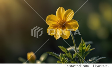 Exquisite close-up of a vibrant yellow flower, petals unfurled to reveal intricate textures. Verdant leaf curves gracefully alongside, complementing the golden warmth. Soft dreamy backdrop highlights Exquisite close-up of a vibrant yellow flower, petals unfurled to reveal intricate textures. Verdant leaf curves gracefully alongside, complementing the golden warmth. Soft dreamy backdrop highlights 115849049