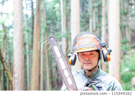 A forest worker with a chainsaw looking ahead with a well-maintained forest in the background A forest worker with a chainsaw looking ahead with a well-maintained forest in the background 115849162