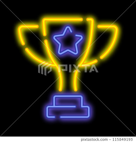 Neon glowing award cup, winner champion prize. Competition trophy. Glowing neon icon isolated on black background Neon glowing award cup, winner champion prize. Competition trophy. Glowing neon icon isolated on black background 115849193