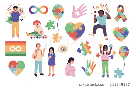 Autism spectrum disorder. Autistic pride symbols, stickers elements, hands, colofrul puzzles, heart, balloon and ribbon, congenital syndrome, childish behavior, medical tidy vector isolated set 115849527