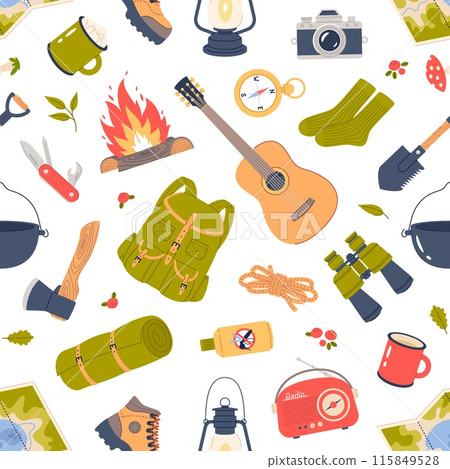 Camping equipment seamless pattern. Cartoon repeated hiking elements, tourism accessories, outdoor recreation items, decor textile, wrapping paper, print for fabric, vector background 115849528