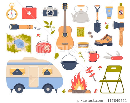 Cartoon camping elements. Outdoor recreation, camper, bonfire, cutlery and map, survival in the wild forest, summer tourism, hiking equipment, leisure time on nature, vector isolated set Cartoon camping elements. Outdoor recreation, camper, bonfire, cutlery and map, survival in the wild forest, summer tourism, hiking equipment, leisure time on nature, vector isolated set 115849531