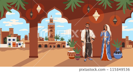 Morocco panorama. Man and woman in national traditional clothes, eastern arches, arabic architecture, travel banner, tourism promotional, traditional landscape, cartoon tidy vector concept Morocco panorama. Man and woman in national traditional clothes, eastern arches, arabic architecture, travel banner, tourism promotional, traditional landscape, cartoon tidy vector concept 115849536