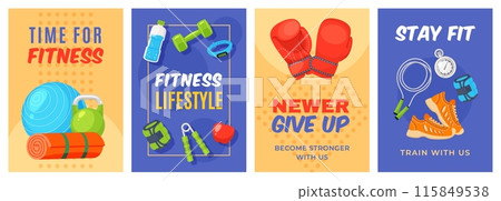 Sport elements cards. Cartoon fitness training equipment, yoga, pilates accessories, boxing gloves, running shoes, motivational text, healthy active lifestyle poster, vector flat isolated set 115849538
