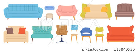 Trendy sofas, chairs and armchairs. Soft furniture for cozy room colorful interior, modern and retro comfortable couches with cushions front view, home design elements, vector cartoon flat style set 115849539