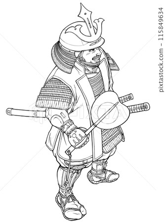 豐臣秀長身穿盔甲,手持軍階黑白線畫 豐臣秀長身穿盔甲,手持軍階黑白線畫 115849634