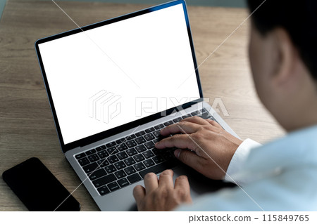 young man working Businessman using a desktop computer of the blank screen young man working Businessman using a desktop computer of the blank screen 115849765