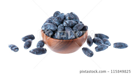 Honeysuckle in wooden bowl, isolated on white background. Fresh honeysuckle blue berry fruits. Clipping path. Honeysuckle in wooden bowl, isolated on white background. Fresh honeysuckle blue berry fruits. Clipping path. 115849825