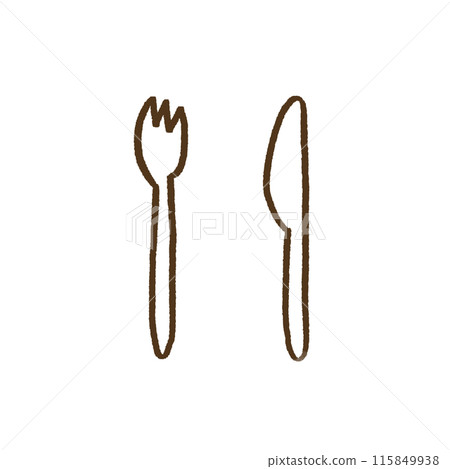 Hand-drawn line drawing illustration of fork and knife 115849938