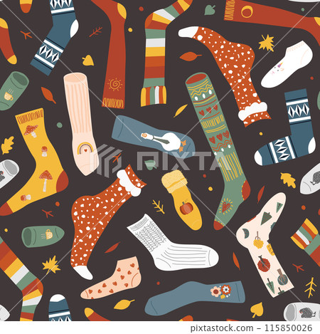 Seamless pattern with autumn leaves and different doodle hand drawn socks on dark background. Funny clothing background. Seamless pattern with autumn leaves and different doodle hand drawn socks on dark background. Funny clothing background. 115850026