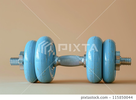 Black Cast Iron Dumbbell With Knurled Handle On Tan Background 115850044