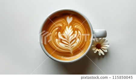 Overhead View of a White Cup With a Dahlia Flower Latte Art 115850045