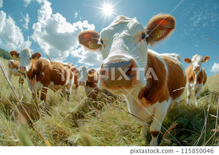 Close Up of Cows Grazing in Field on Sunny Day Close Up of Cows Grazing in Field on Sunny Day 115850046