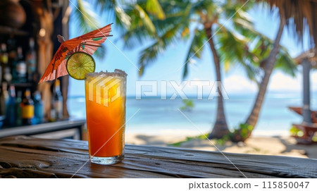 Tropical Cocktail on Beach Bar Counter With Ocean View 115850047