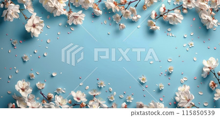 White Blossoms and Petals on a Blue Background 115850539