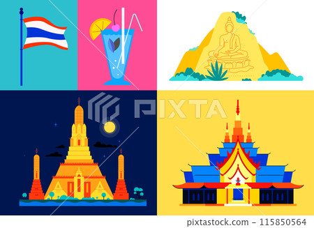Landmarks of Thailand - set of flat design style colorful illustrations 115850564
