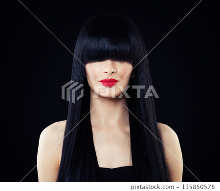 Nice young model woman with long healthy dark straight smooth hair and make-up Nice young model woman with long healthy dark straight smooth hair and make-up 115850578