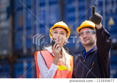 Customs worker team working in Port Cargo Shipping Container Yard together, Radio Loading Control Operate. 115850677