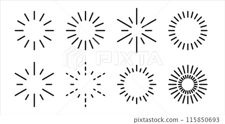 Sun ray and sunburst shapes isolated collection. Sun icons and sunbeam template. Sun ray and sunburst shapes isolated collection. Sun icons and sunbeam template. 115850693