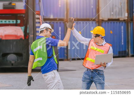 Happy engineer worker enjoy working together, Help support friend at work in logistic industry. 115850695