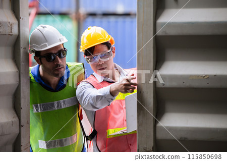 Customs Team Staff Open Container Door checking look inside Cargo In Container Cabinet. Import Export Shipping Prohibited goods. Customs Team Staff Open Container Door checking look inside Cargo In Container Cabinet. Import Export Shipping Prohibited goods. 115850698