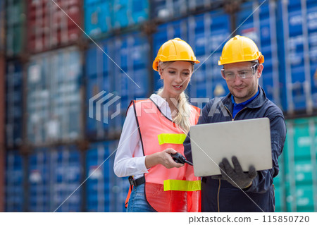 Group of Port Container Ship Yard Colleague Workers working together join teamwork control operate solving problem. Group of Port Container Ship Yard Colleague Workers working together join teamwork control operate solving problem. 115850720