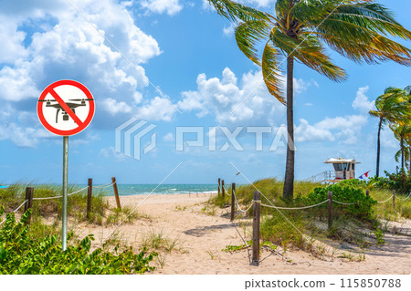 No fly zone sign for drones on a beautiful tropical sunny beach 115850788