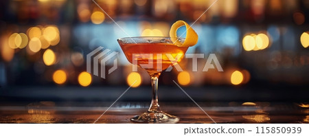 Classic Cocktail With Orange Peel Garnish on Bar Counter at Night 115850939