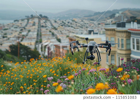 Drone flies to the street in the city to monitor public order 115851083