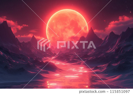 Red planet is shining in the sky above the mountain range. The sky is dark and the landscape is peaceful and serene, the moon casts a soft light on the landscape 115851097