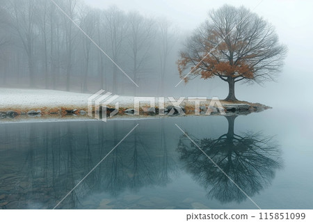 Alone large tree is reflected in the water of the lake in the fog. The mood is serene and peaceful Alone large tree is reflected in the water of the lake in the fog. The mood is serene and peaceful 115851099