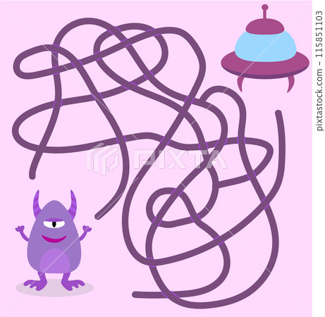 Help cute alien monster find path to UFO spaceship. Labyrinth. Maze game for kids. Messy line children logic game. Confusing path lines vector illustration. Help cute alien monster find path to UFO spaceship. Labyrinth. Maze game for kids. Messy line children logic game. Confusing path lines vector illustration. 115851103