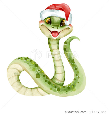 Snake. Cute illustration of green snake in Santa hat, isolated on white background Snake. Cute illustration of green snake in Santa hat, isolated on white background 115851336
