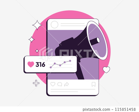 Social media engagement posts concept. Increase post engagement rates with infographics, video content stories, contests and giveaways. Flat vector isolated outline illustration 115851458