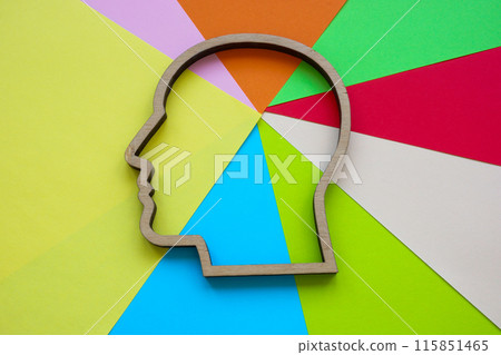 Mind with new ideas and creative thinking skills. Sheets of colored paper and an outline of a head. 115851465