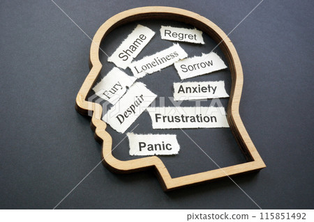 Pieces of paper with negative emotions in the head. Stress and psychotherapy concept. Pieces of paper with negative emotions in the head. Stress and psychotherapy concept. 115851492