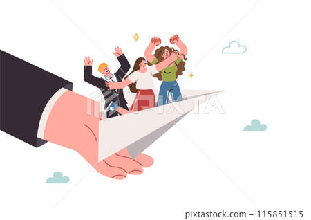 Mentoring assistance for young employees standing in paper plane flying thanks to support of boss Mentoring assistance for young employees standing in paper plane flying thanks to support of boss 115851515